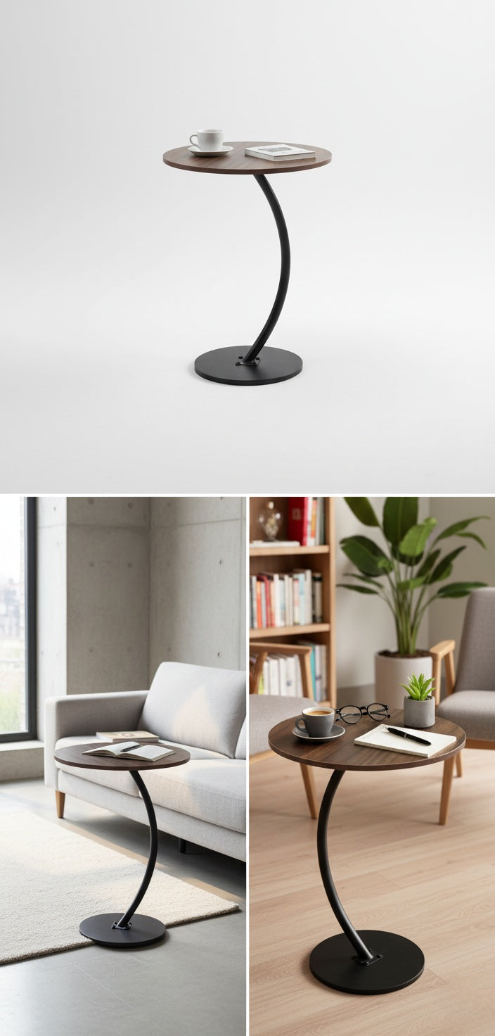 Modern Round Side Table with Curved Metal Base