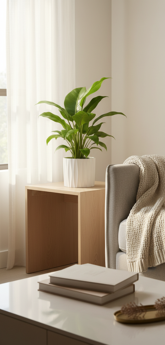 White planter in living room
