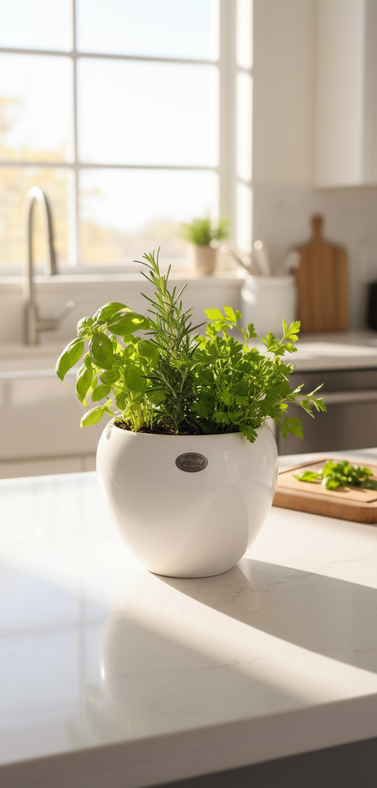 White Glossy Ceramic Round Planter Pot - Modern Minimalist Design