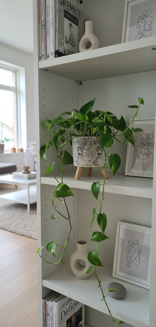 Botanical Print Ceramic Planter with Wooden Legs - Modern Palm Leaf Design