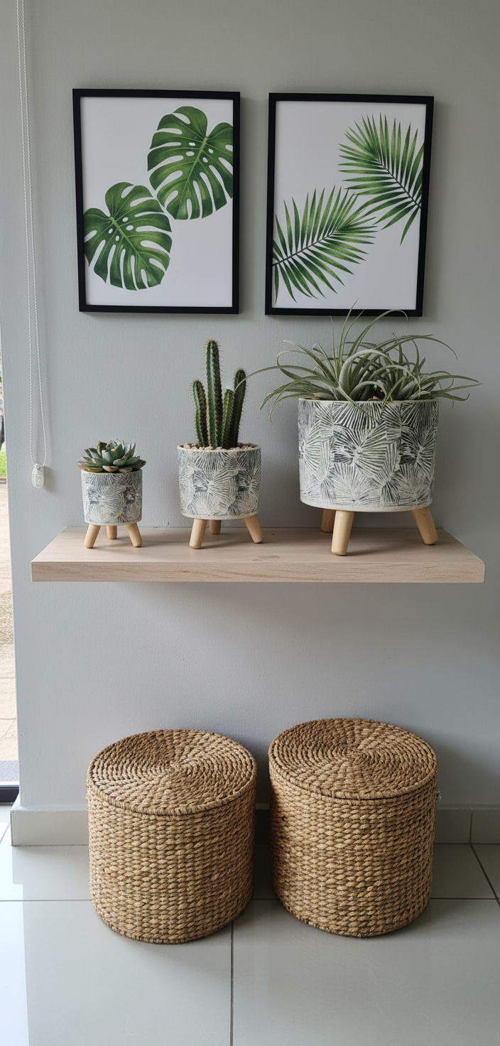 Botanical Print Ceramic Planter with Wooden Legs - Modern Palm Leaf Design