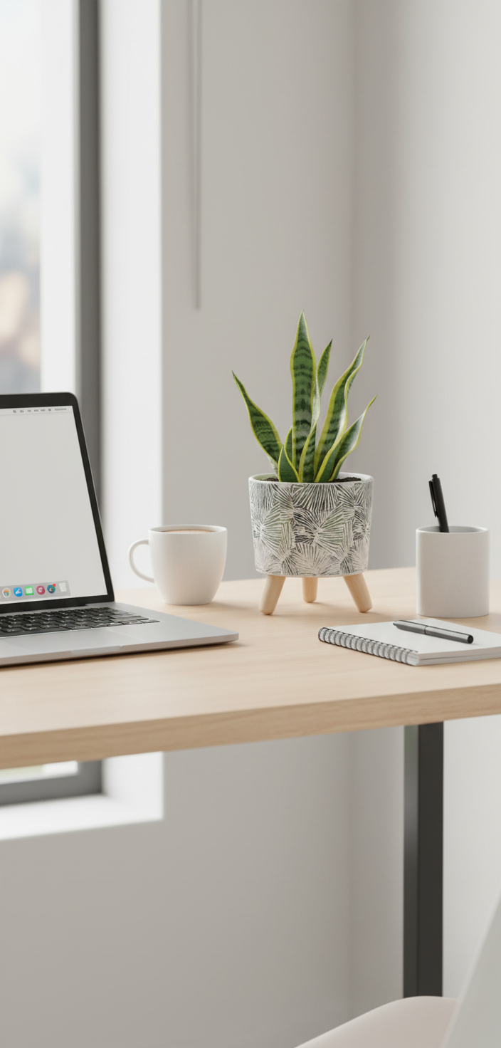 Botanical Print Ceramic Planter with Wooden Legs - Modern Palm Leaf Design