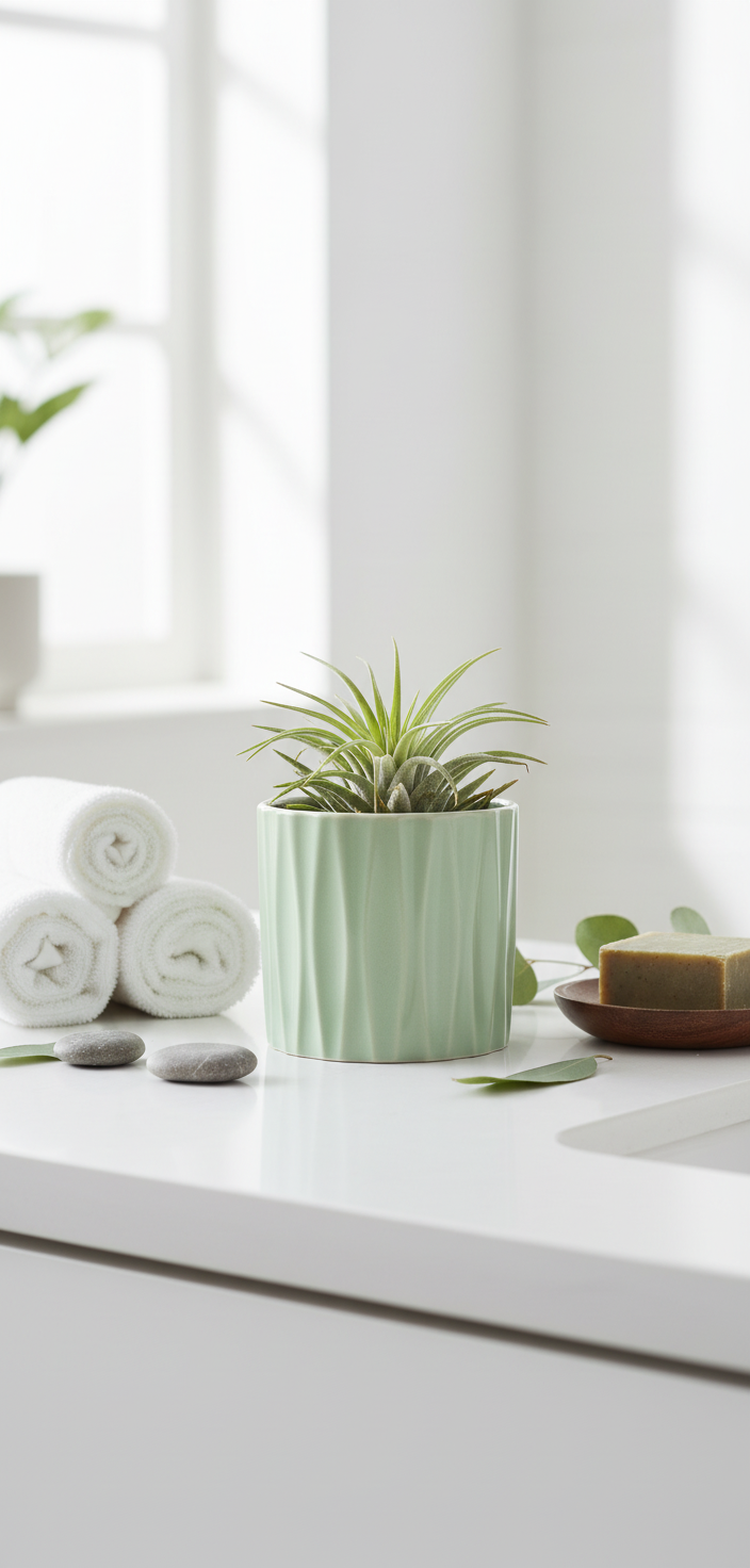 Mint green planter in bathroom
