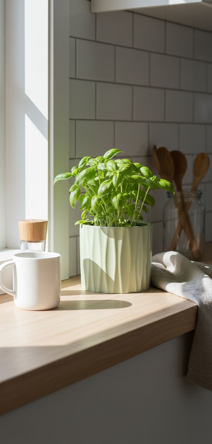 Mint green planter in kitchen