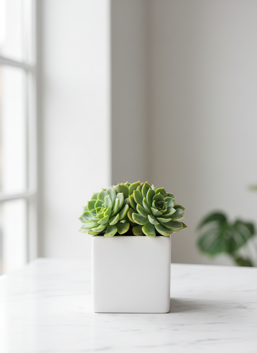 Modern Square Planter with Succulent on Marble
