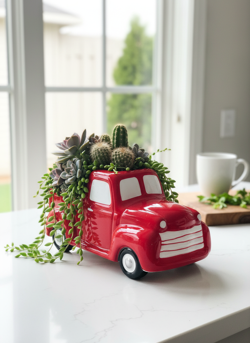 Red Truck Planter in Kitchen Setting