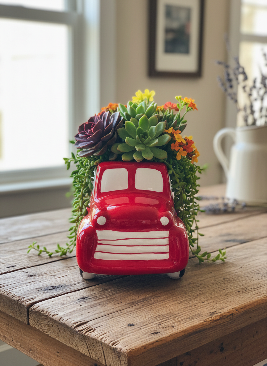 Red Truck Planter with Flowers on Wood