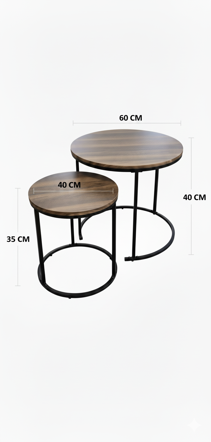 2-Piece Modern Nesting Coffee Table Set - Round Wood Grain & Metal Frame