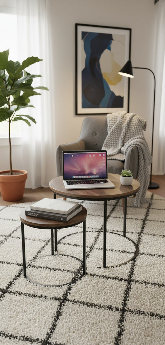2-Piece Modern Nesting Coffee Table Set - Round Wood Grain & Metal Frame