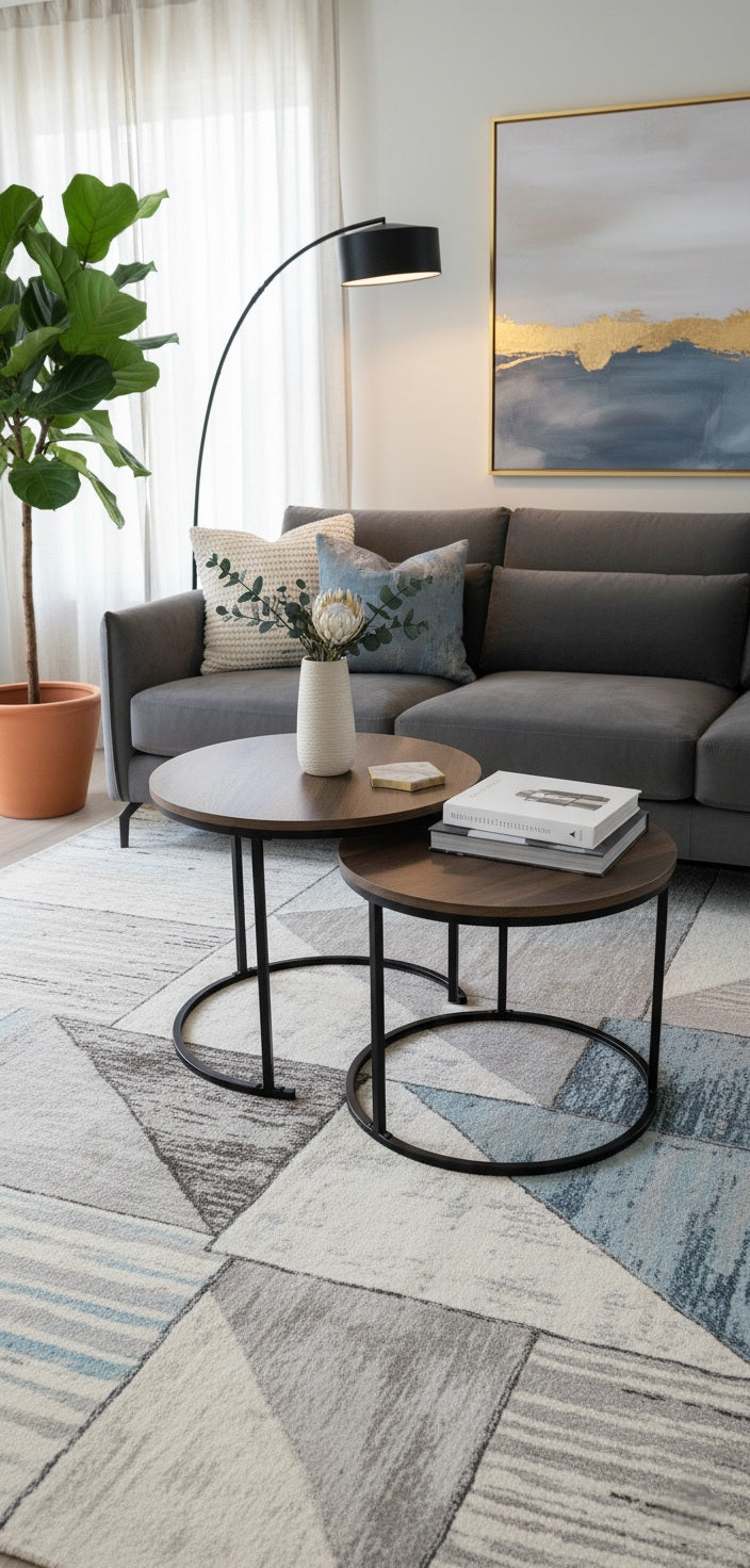 2-Piece Modern Nesting Coffee Table Set - Round Wood Grain & Metal Frame