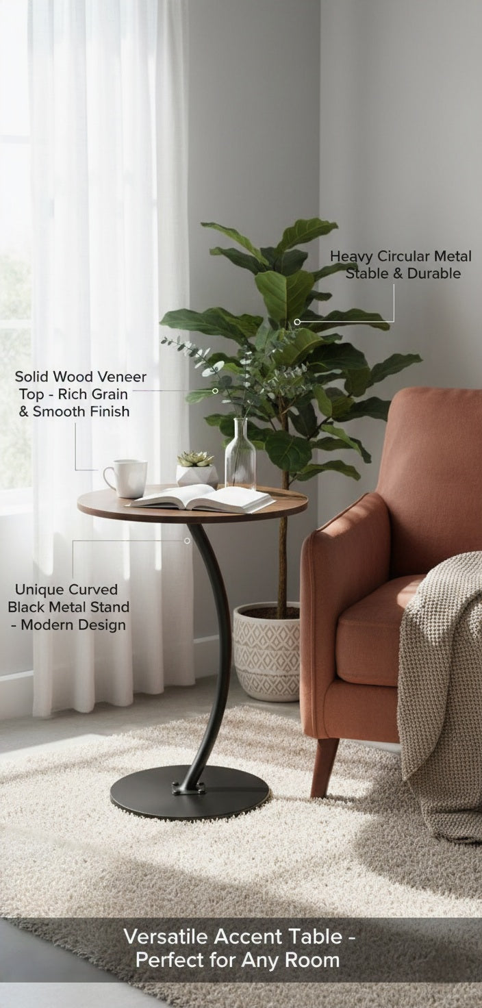 Modern Round Side Table with Curved Metal Base