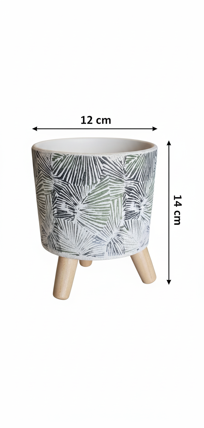 Botanical Print Ceramic Planter with Wooden Legs - Modern Palm Leaf Design